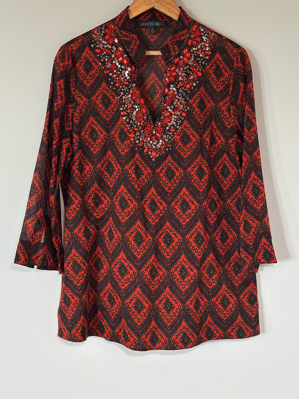Lafayette 148 New York Red and Black Beaded V-Neck Tunic